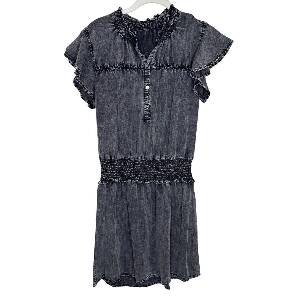 Rails Amina Dress Womens Medium Black Acid Wash Smocked Flutter Sleeve Mini - Picture 3 of 10